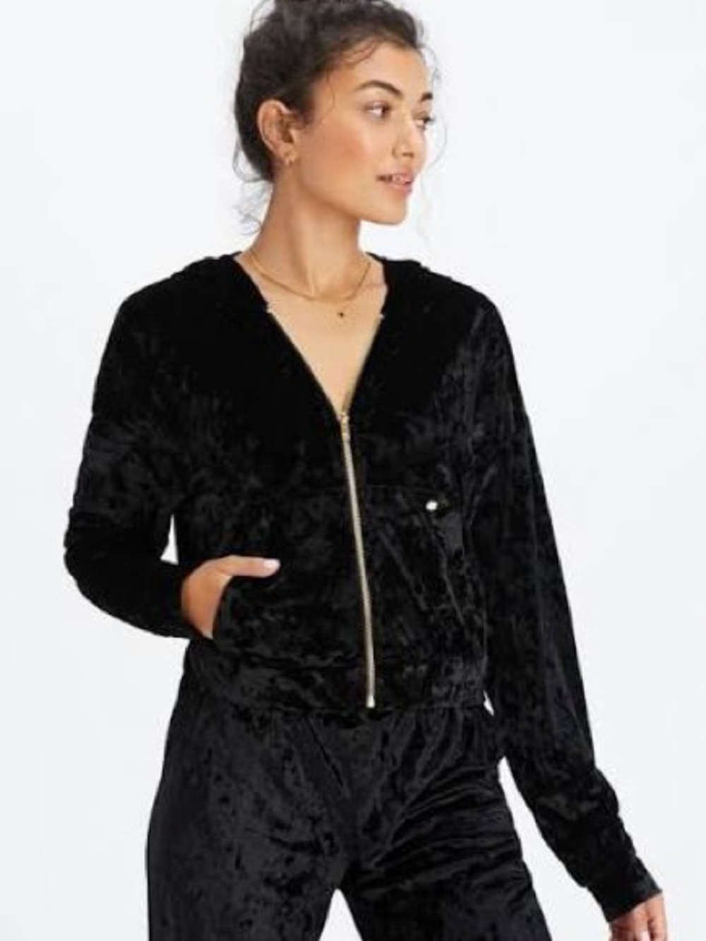 Fabletics Crushed Velvet Velour Black Long Sleeve Zip Up Hoodie Medium